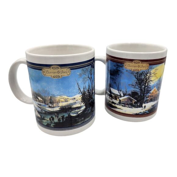 Vintage 1990 Currier & Ives Ceramic Coffee Mug Set, Country Winter Barn & Lake - Picture 1 of 8
